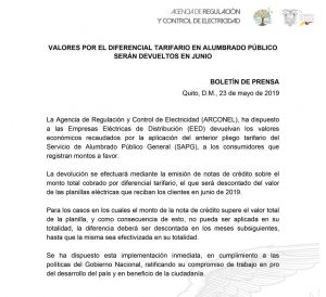 Valores por el diferencial tarifario en alumbrado público serán devueltos en junio