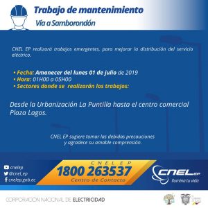 Trabajos programados al amanecer del lunes 01 de julio