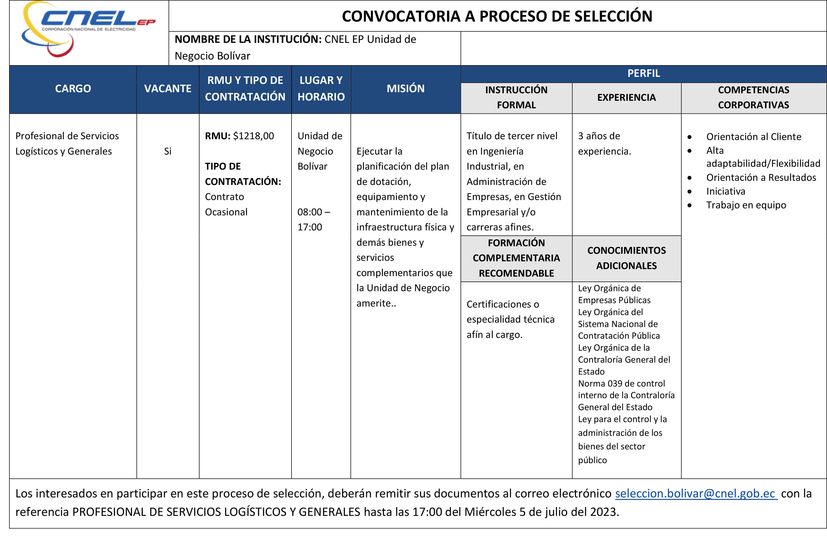 CONVOCATORIA PROFESIONAL DE SERVICIOS LOGÍSTICOS Y GENERALES - CNEL EP