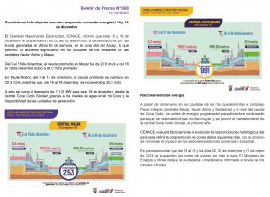 Condiciones hidrológicas permiten suspender cortes de energía el 18 y 19 de diciembre