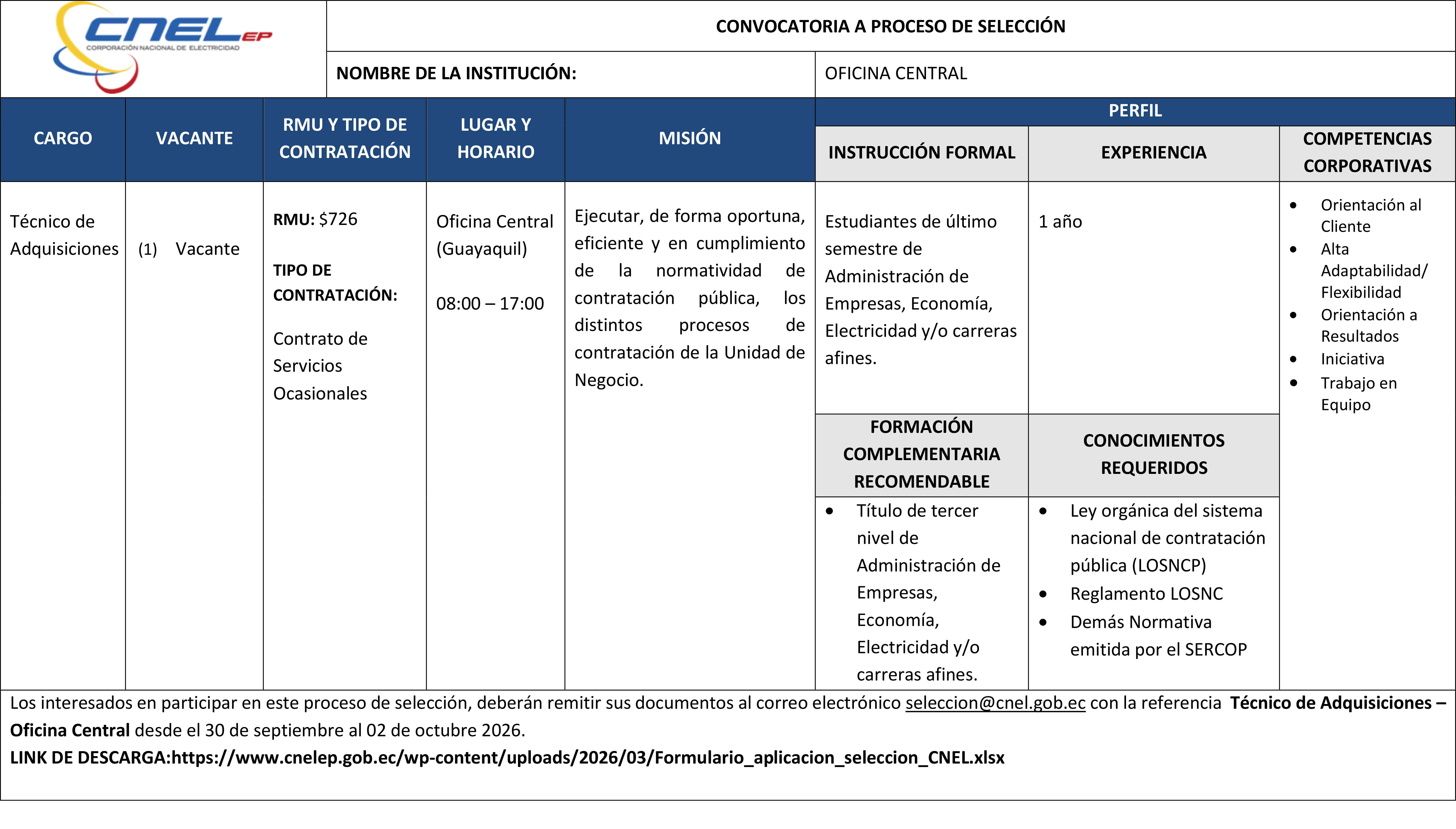 Convocatoria Técnico de Adquisiciones