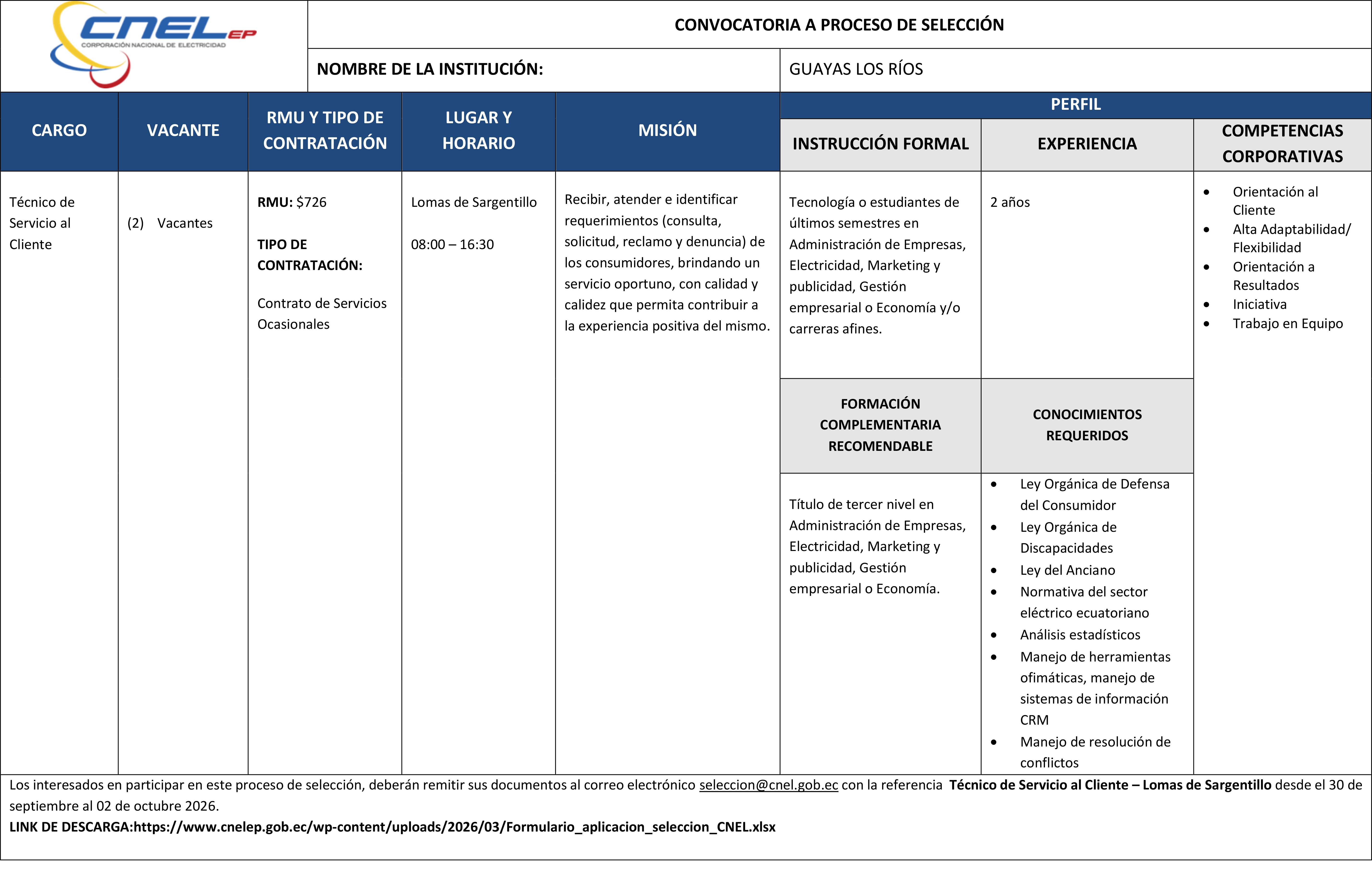Convocatoria Técnico de Servicio al Cliente – Lomas de Sargentillo
