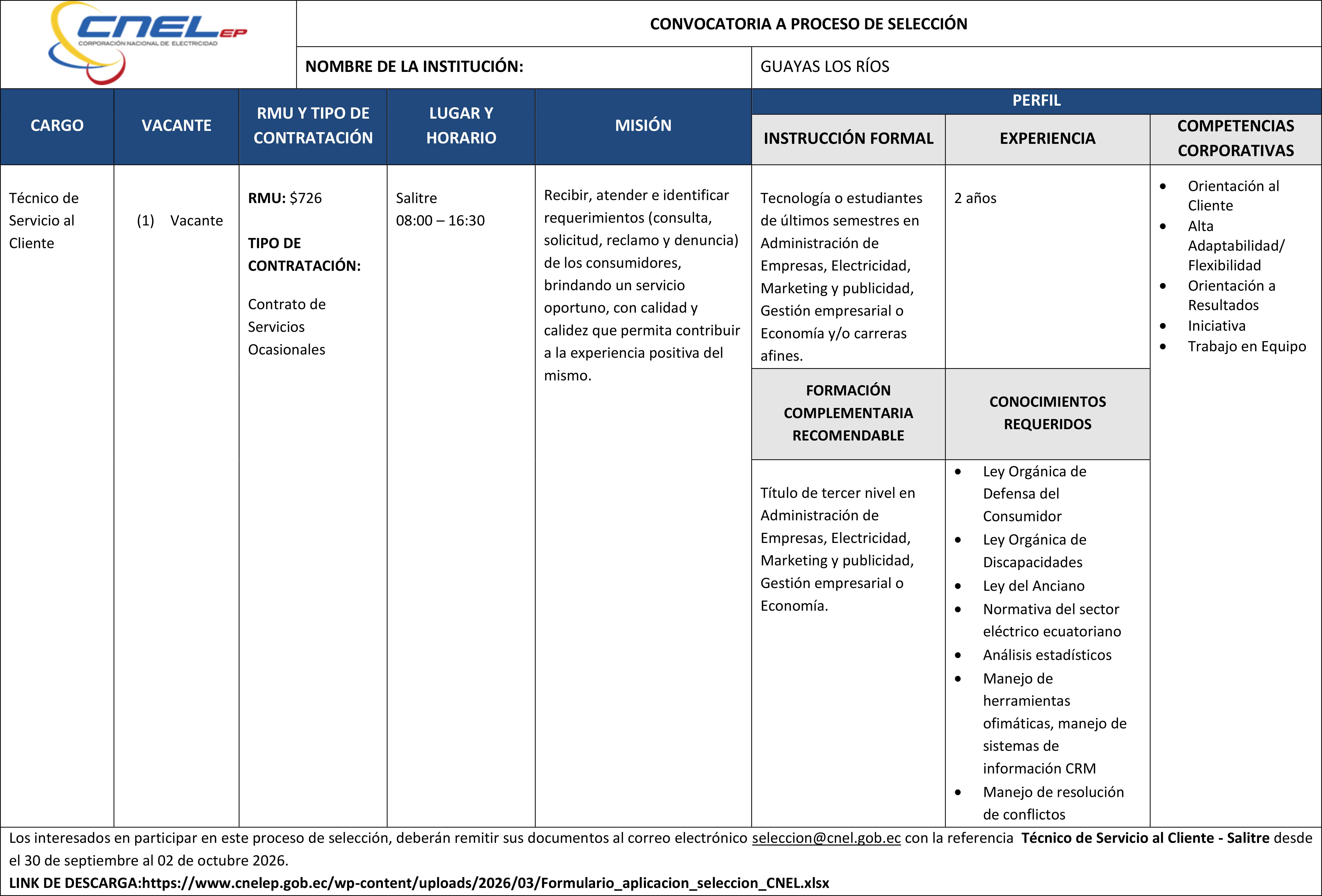 Convocatoria Técnico de Servicio al Cliente – Salitre-1