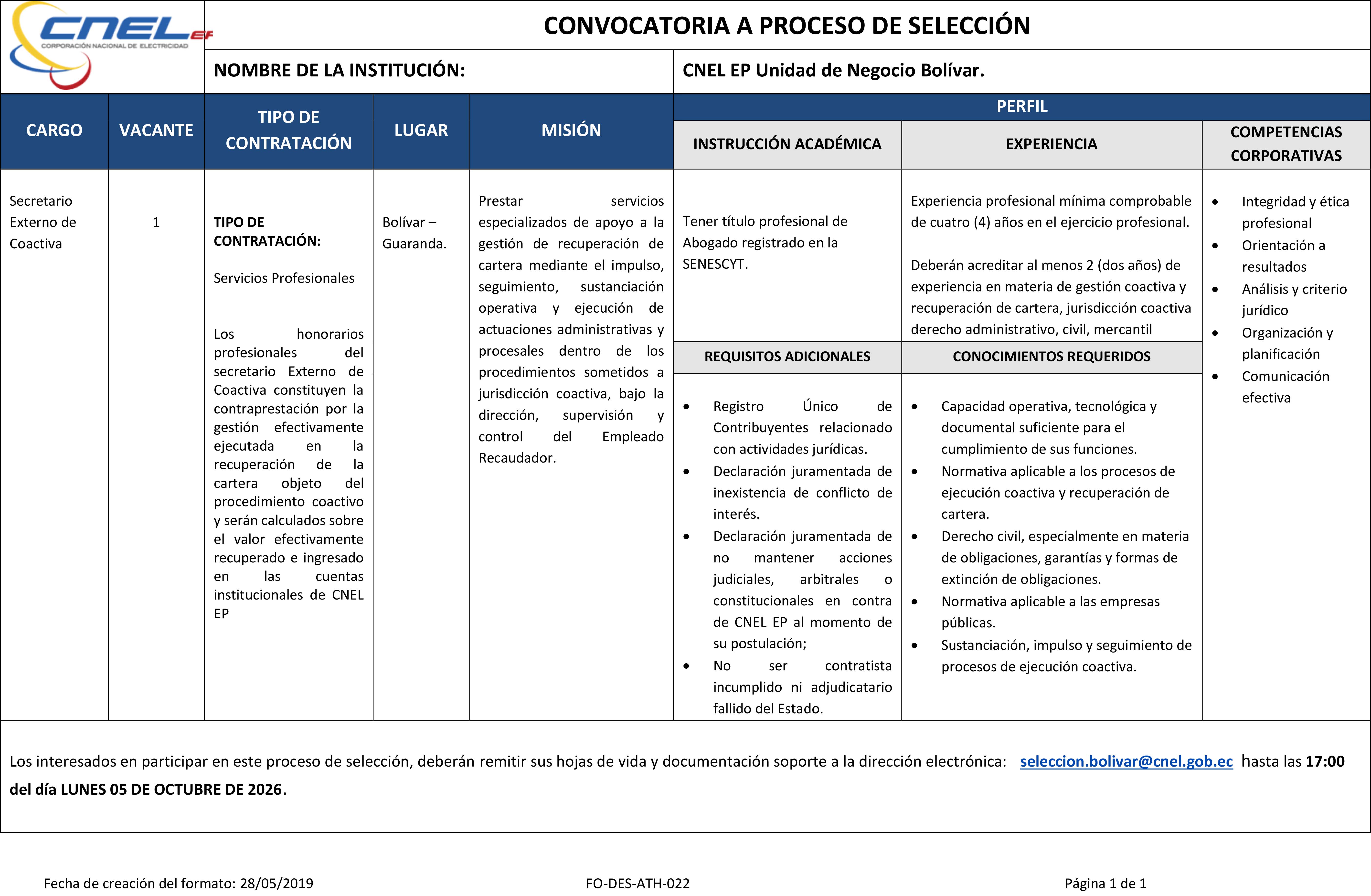 Convocatoria SECRETARIOS DE COACTIVOS EXTERNOS BOLÍVAR